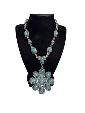 RJ Graziano Silver Tone And Faux Turquois Necklace With Flower Pendant (6321)